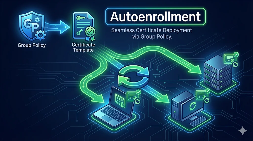 Autoenrollment showing seamless certificate deployment via Group Policy to laptops, servers, and workstations
