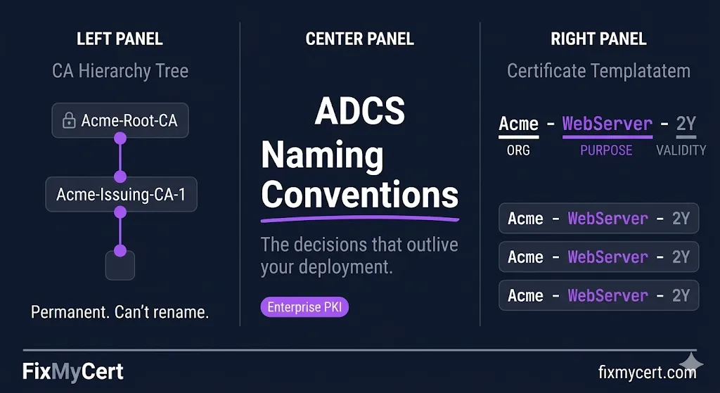 ADCS naming conventions — CA hierarchy, templates, and URL naming decisions