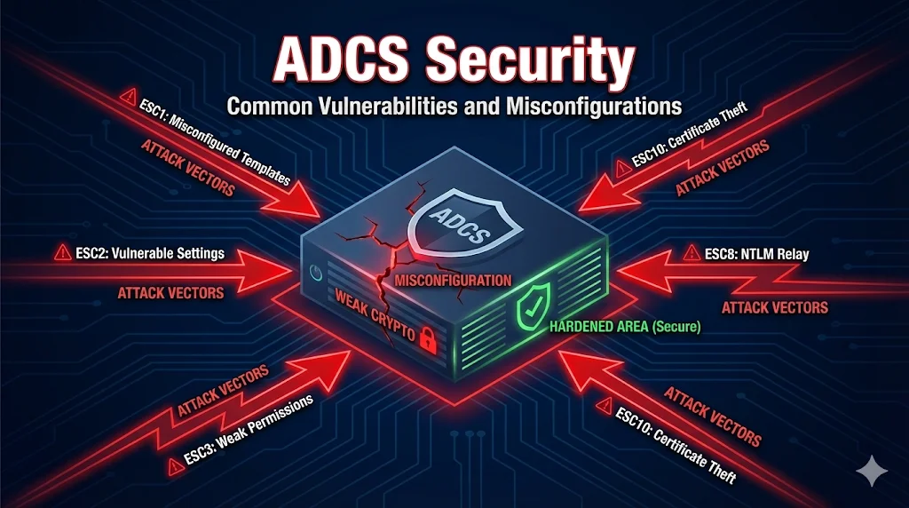 ADCS Security showing common vulnerabilities and misconfigurations including ESC1, ESC2, ESC3, ESC8, ESC10 attack vectors