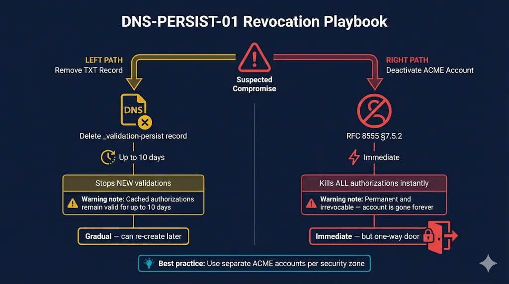 DNS-PERSIST-01 Revocation Playbook: two paths from suspected compromise — remove TXT record (gradual, up to 10 days) or deactivate ACME account via RFC 8555 §7.5.2 (immediate but permanent and irrevocable)