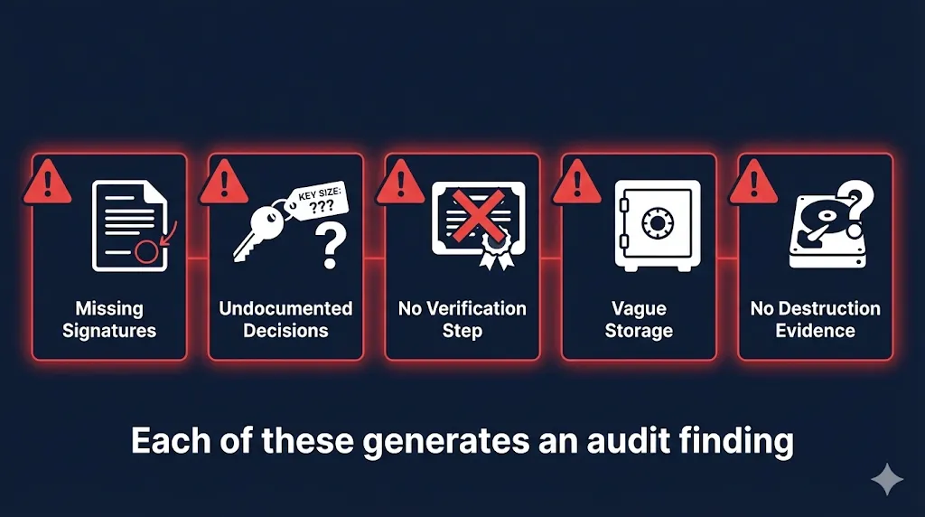 Five audit red flags: Missing Signatures, Undocumented Decisions, No Verification Step, Vague Storage, No Destruction Evidence — each of these generates an audit finding