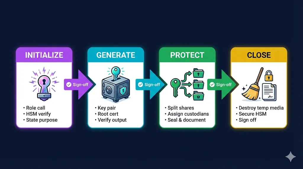 Ceremony script flow: Initialize (role call, HSM verify, state purpose) → Generate (key pair, root cert, verify output) → Protect (split shares, assign custodians, seal and document) → Close (destroy temp media, secure HSM, sign off) — with sign-off checkpoints between each phase
