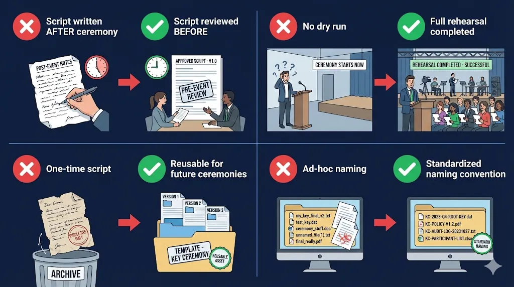 Common key ceremony mistakes vs. best practices: script written after vs. reviewed before, no dry run vs. full rehearsal, one-time script vs. reusable template, ad-hoc naming vs. standardized naming convention